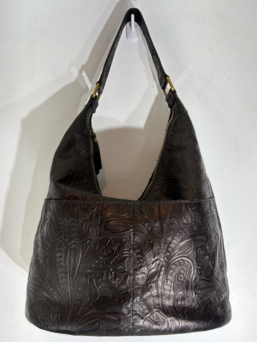 American Leather Co. Black Tooled Leather Hobo Shoulder Bag NWOT